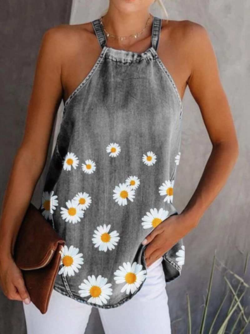 Daisy Floral Print Halter Femmes Casual Denim Débardeurs