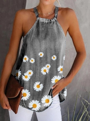 Daisy Floral Print Halter Femmes Casual Denim Débardeurs