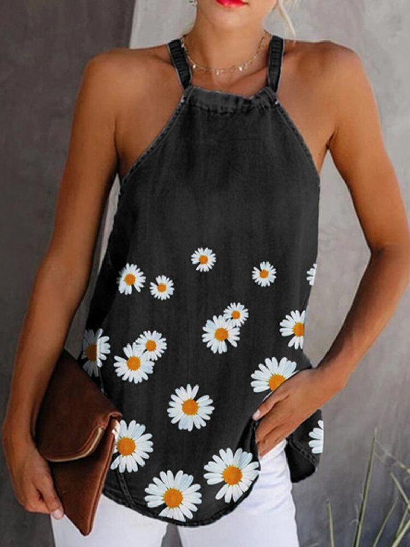 Daisy Floral Print Halter Femmes Casual Denim Débardeurs