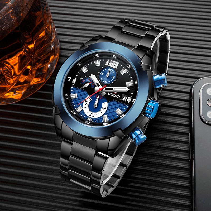 0106 Mode Hommes Montre 3atm Étanche Affichage Lumineux Bracelet En Acier Inoxydable Montre À Quartz