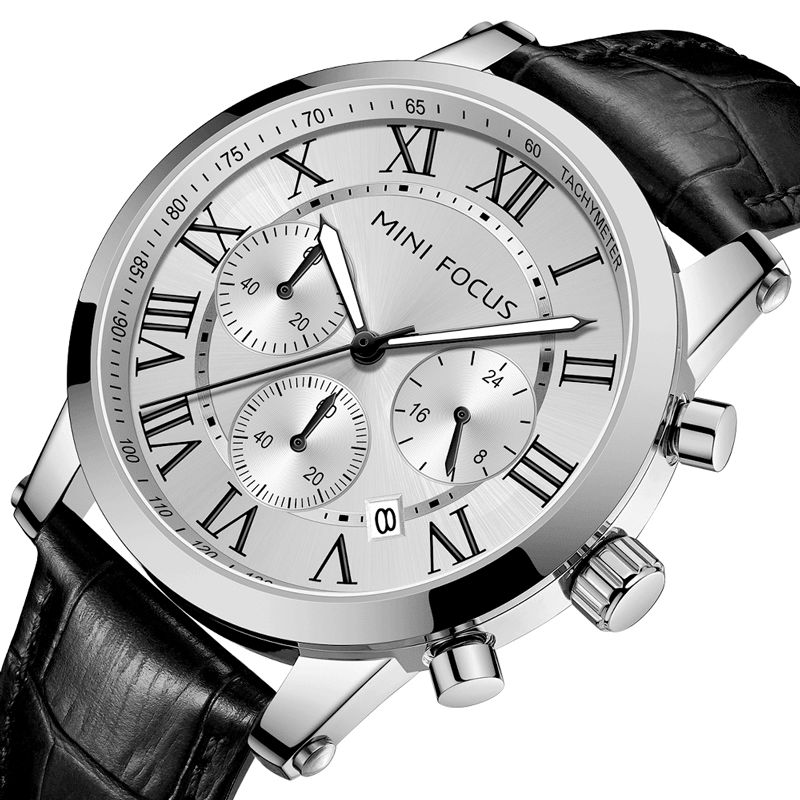 0415g Avec Calendrier Fenêtre Pointeur Lumineux 3 Sous-cadran 3atm Étanche Hommes Montre-bracelet Montre À Quartz