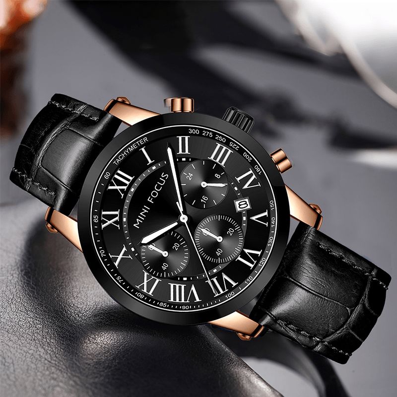 0415g Avec Calendrier Fenêtre Pointeur Lumineux 3 Sous-cadran 3atm Étanche Hommes Montre-bracelet Montre À Quartz