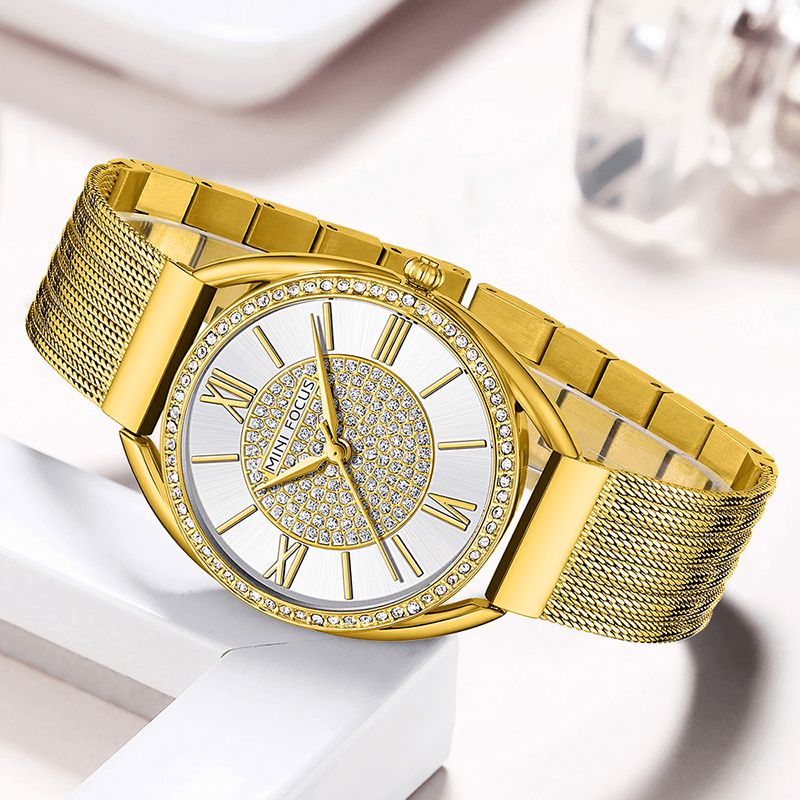 0425l Décontracté Élégant Strass Décoration Cadran 3atm Étanche Femmes Montre-bracelet Montre À Quartz