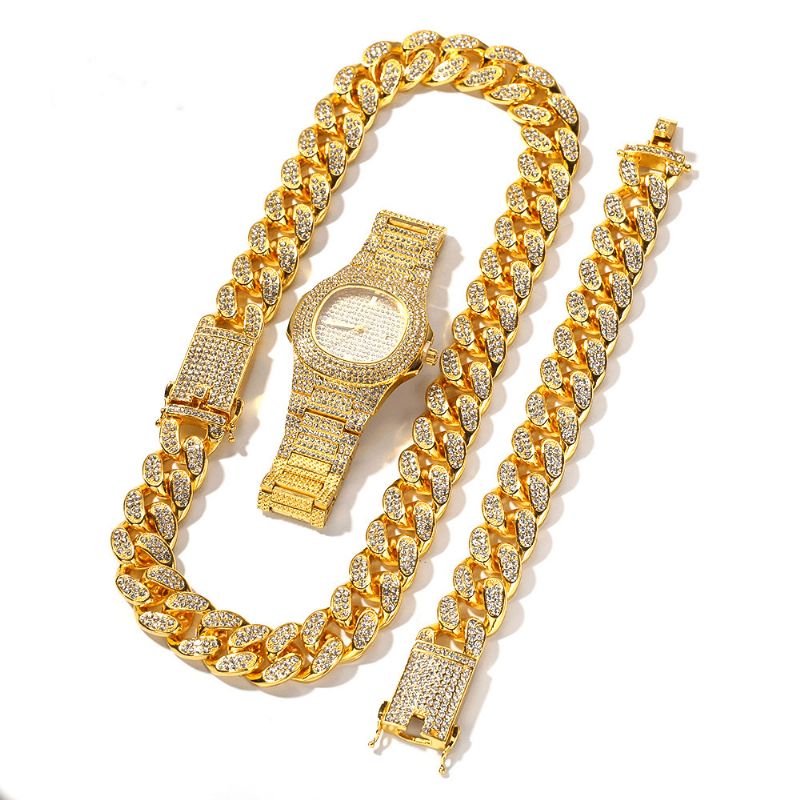 1/3 Pcs Luxe Incrusté Strass Hommes Montre Ensemble Hip Hop Chaîne Collier Bracelet