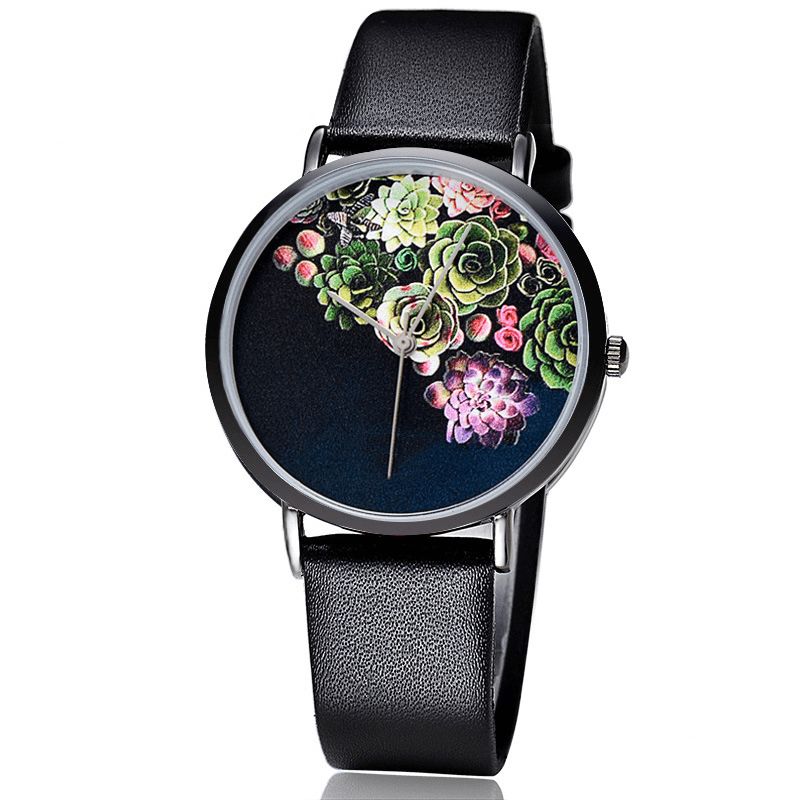 1011 Mode Femmes Ultra-mince Montre Cas Fleur Motif Cadran Bracelet En Cuir Montre À Quartz