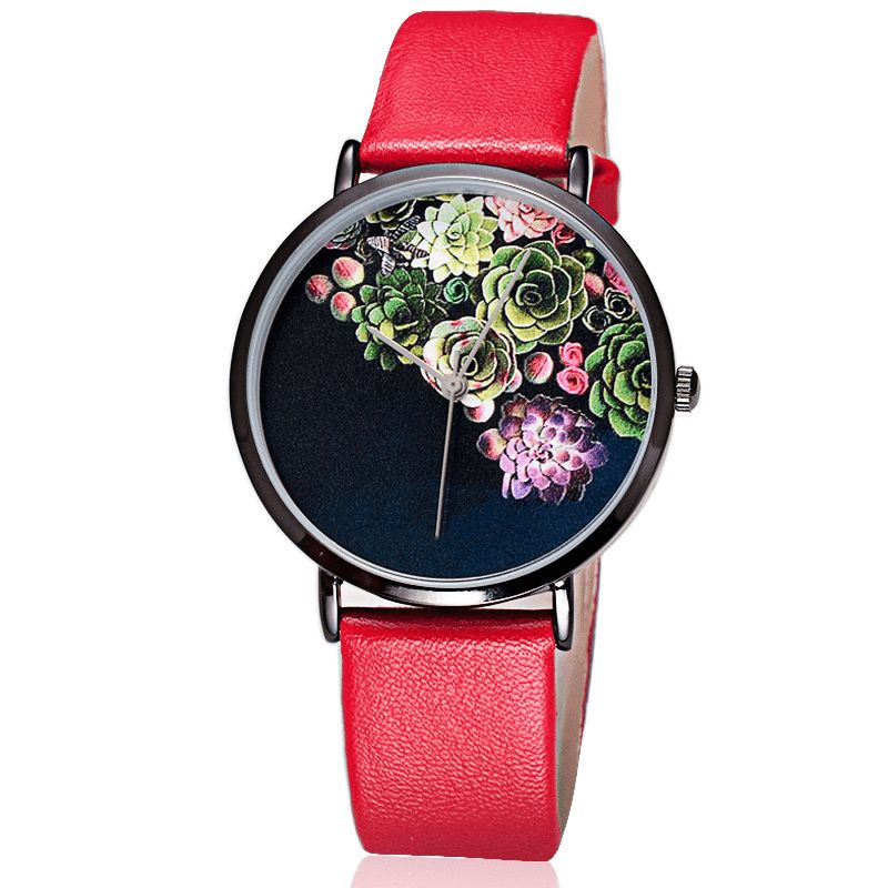 1011 Mode Femmes Ultra-mince Montre Cas Fleur Motif Cadran Bracelet En Cuir Montre À Quartz