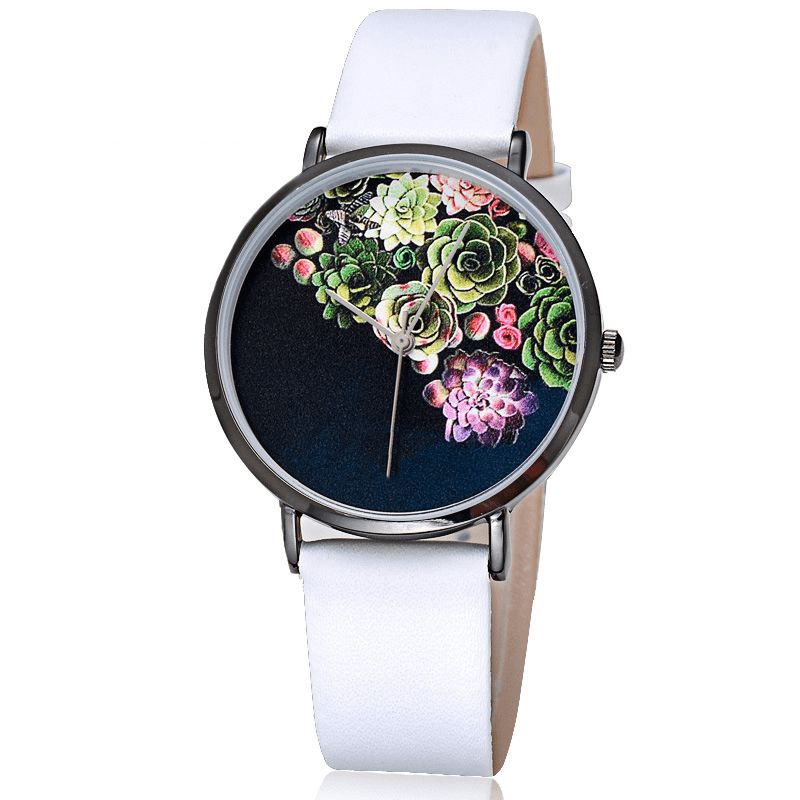 1011 Mode Femmes Ultra-mince Montre Cas Fleur Motif Cadran Bracelet En Cuir Montre À Quartz