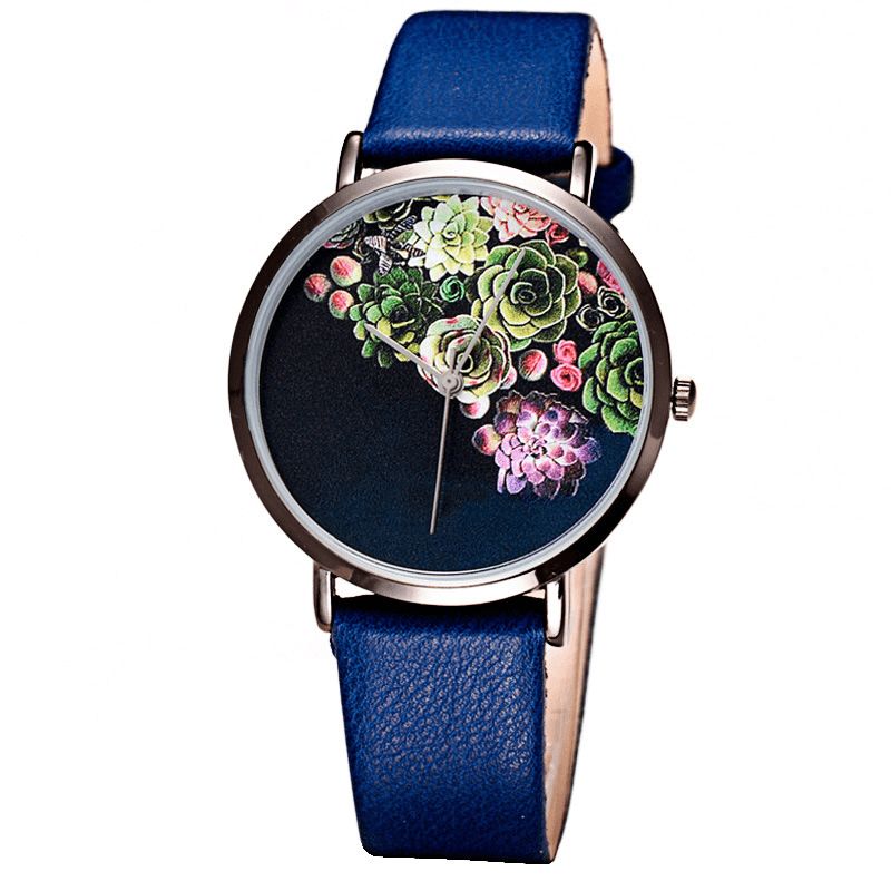 1011 Mode Femmes Ultra-mince Montre Cas Fleur Motif Cadran Bracelet En Cuir Montre À Quartz