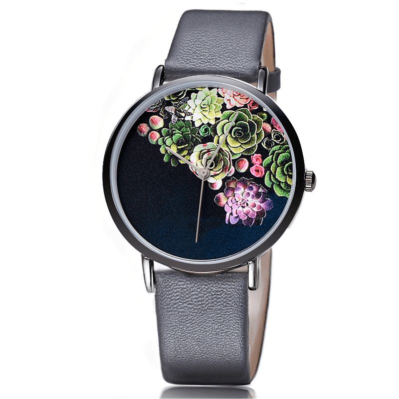 1011 Mode Femmes Ultra-mince Montre Cas Fleur Motif Cadran Bracelet En Cuir Montre À Quartz