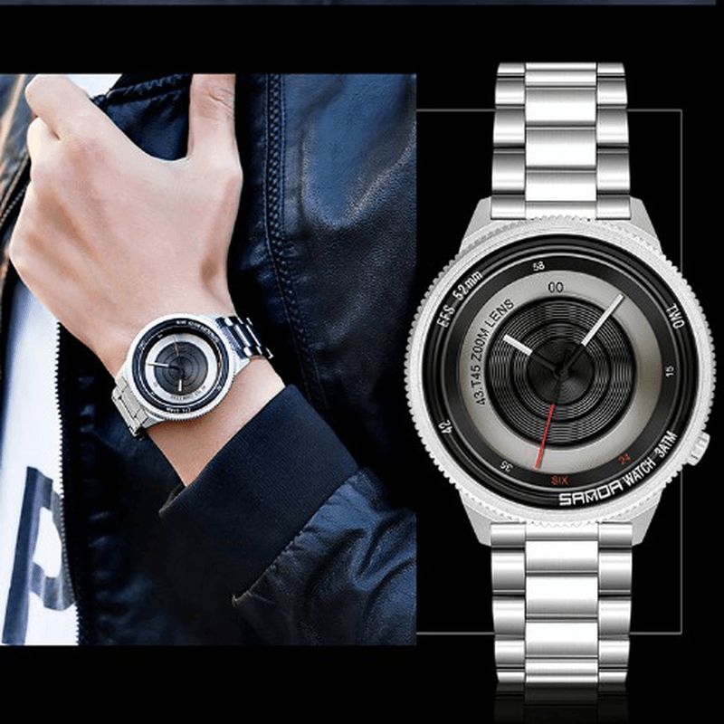 1041 Casual Mode Hommes Creative Caméra Cadran Étanche Bracelet En Acier Inoxydable Montre À Quartz