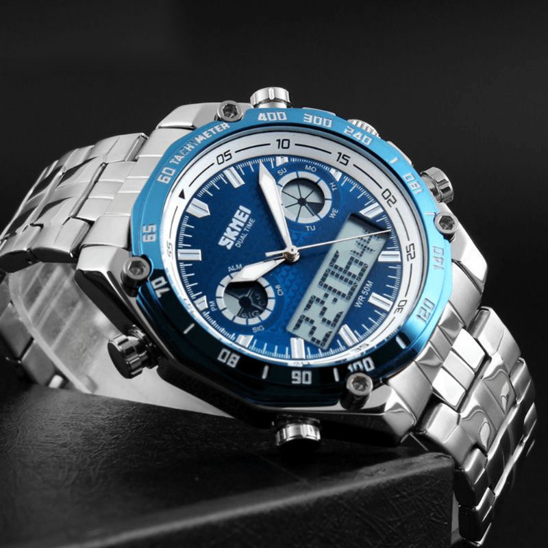 1204 Double Dsplay Montre Numérique Hommes Bracelet En Acier Inoxydable Alarme Lumineuse Montre De Sport En Plein Air