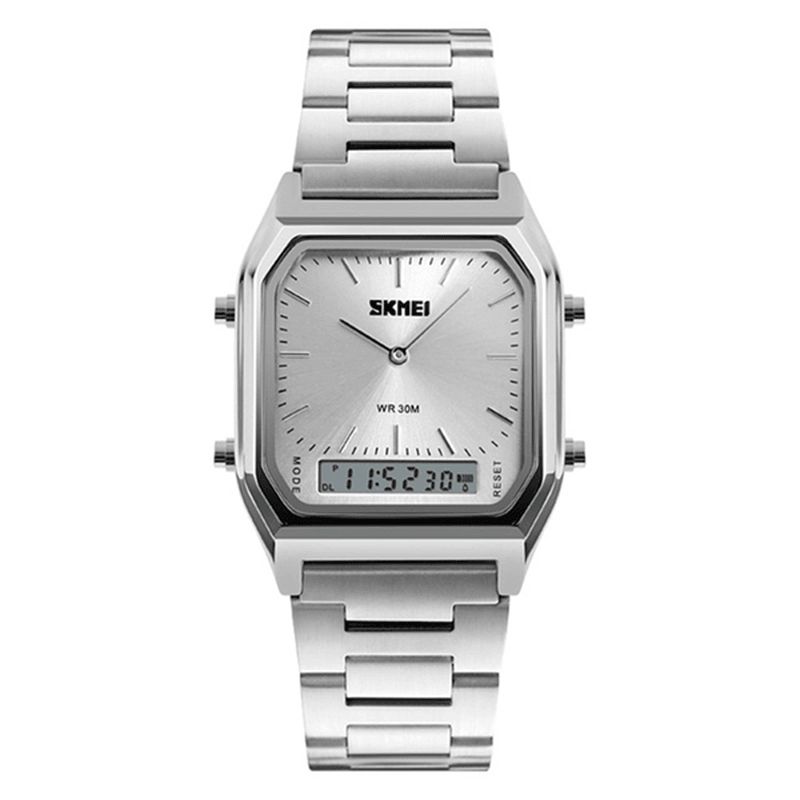 1220 Alliage Boîtier 30m Étanche Lumineux Affaires Classique Quartz Numérique Double Affichage Montre