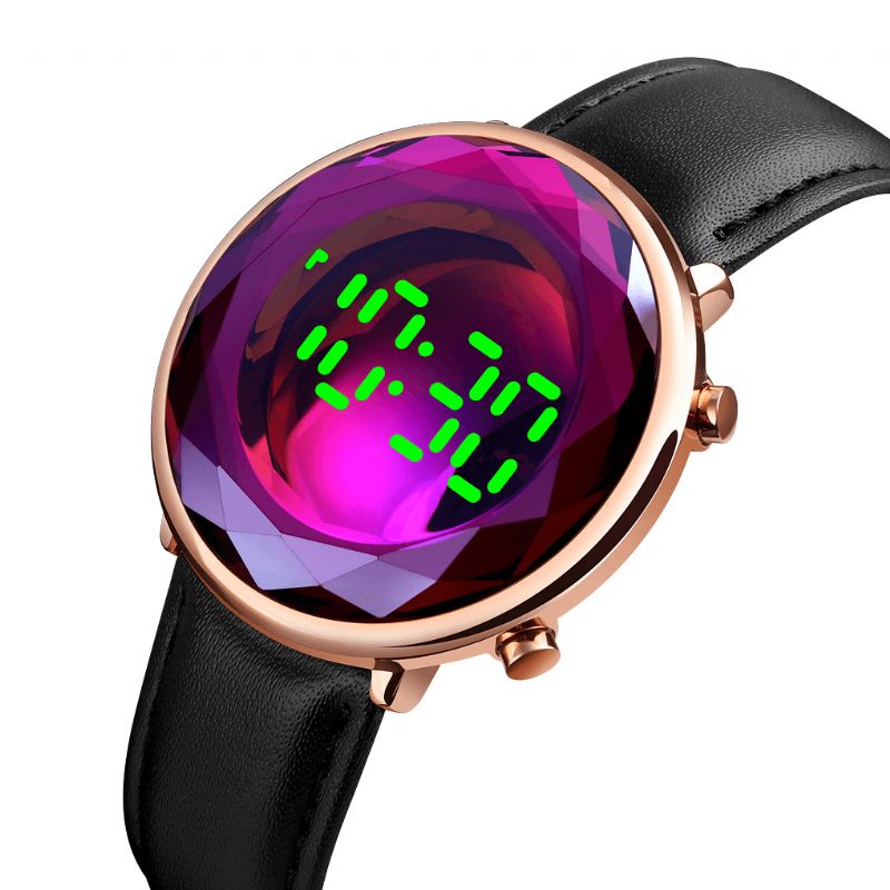 1460 Cadran En Verre Découpé Créatif À Trois Dimensions Affichage De La Date Lumineux Bracelet En Cuir Véritable Montre Numérique