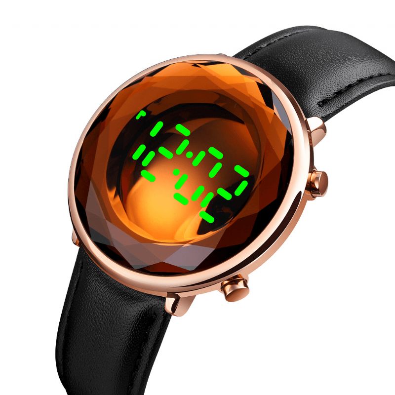 1460 Cadran En Verre Découpé Créatif À Trois Dimensions Affichage De La Date Lumineux Bracelet En Cuir Véritable Montre Numérique