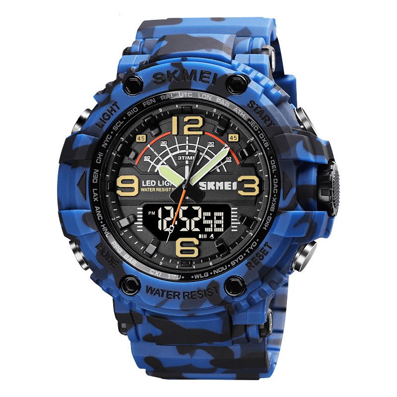 1617 Led Lumière Sport Hommes Montre Numérique 5atm Étanche Chronomètre Camouflage Double Affichage Montre