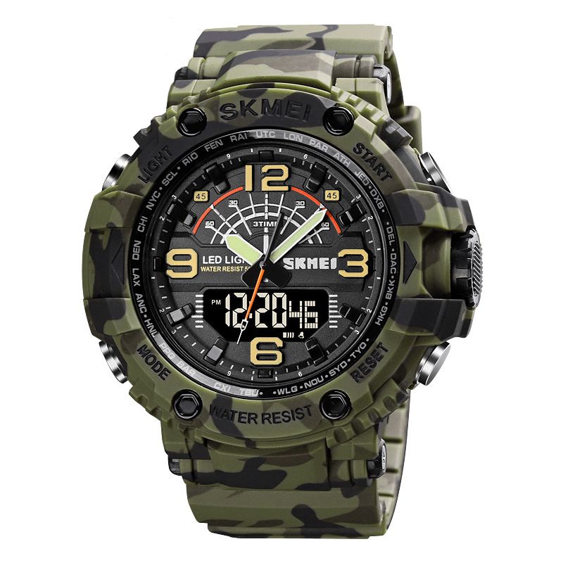 1617 Led Lumière Sport Hommes Montre Numérique 5atm Étanche Chronomètre Camouflage Double Affichage Montre