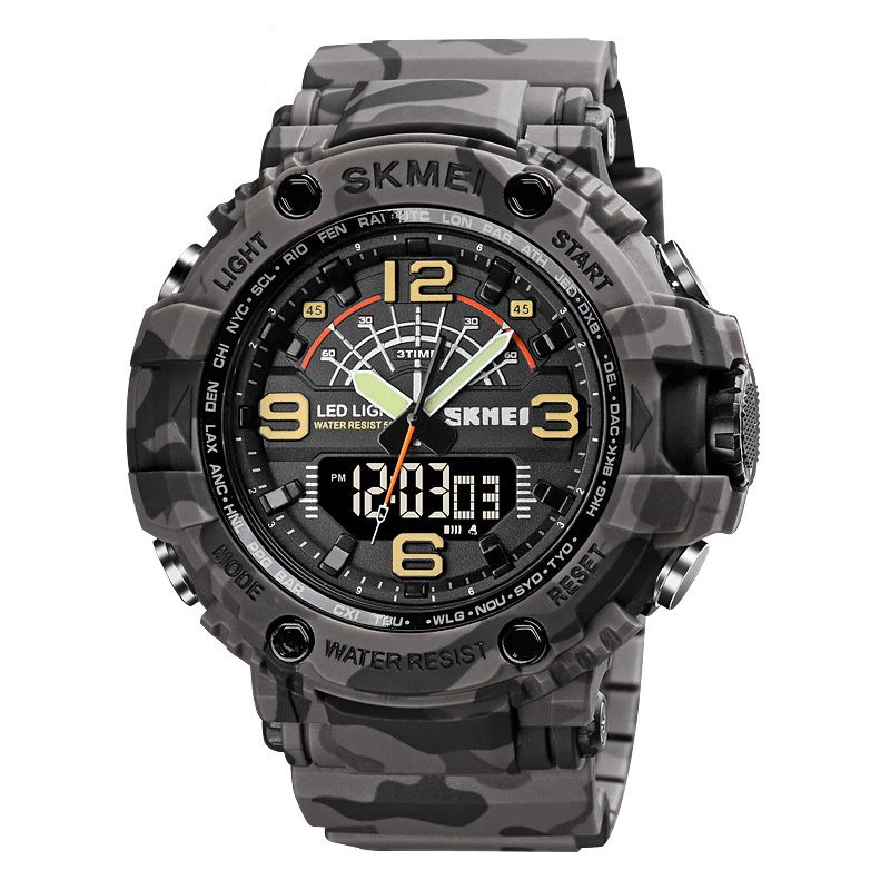 1617 Led Lumière Sport Hommes Montre Numérique 5atm Étanche Chronomètre Camouflage Double Affichage Montre