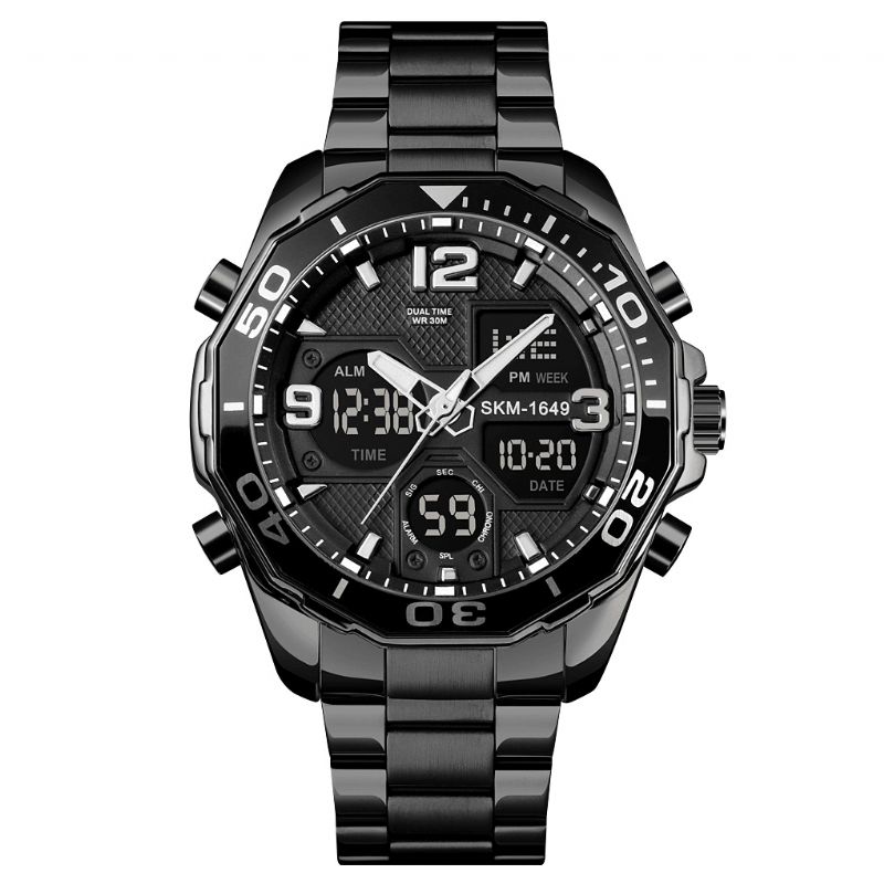 1649 Hommes Business Style Sport Full Metal Lumineux Dual Display Digital Montre