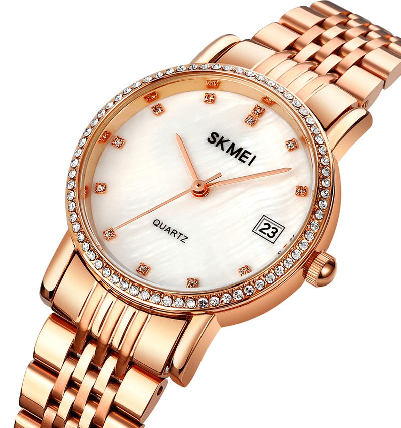 1830 Mode Élégant Strass Décoration Coquille Motif Cadran Bracelet En Acier Inoxydable 3atm Étanche Femme Montre À Quartz