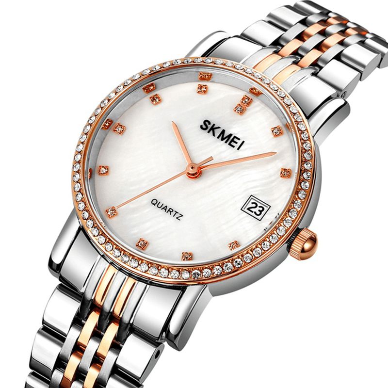 1830 Mode Élégant Strass Décoration Coquille Motif Cadran Bracelet En Acier Inoxydable 3atm Étanche Femme Montre À Quartz