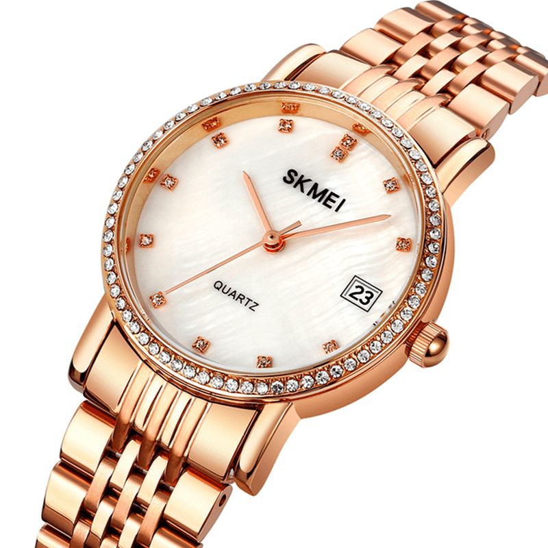 1830 Mode Élégant Strass Décoration Coquille Motif Cadran Bracelet En Acier Inoxydable 3atm Étanche Femme Montre À Quartz