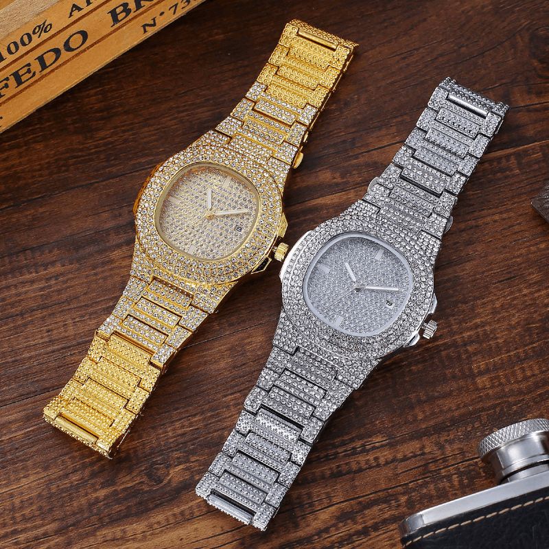 2 Pièces/ensemble De Luxe Mode Femmes Montre-bracelet Ensemble Bling Incrusté Strass Montre À Quartz Bijoux Cadeau