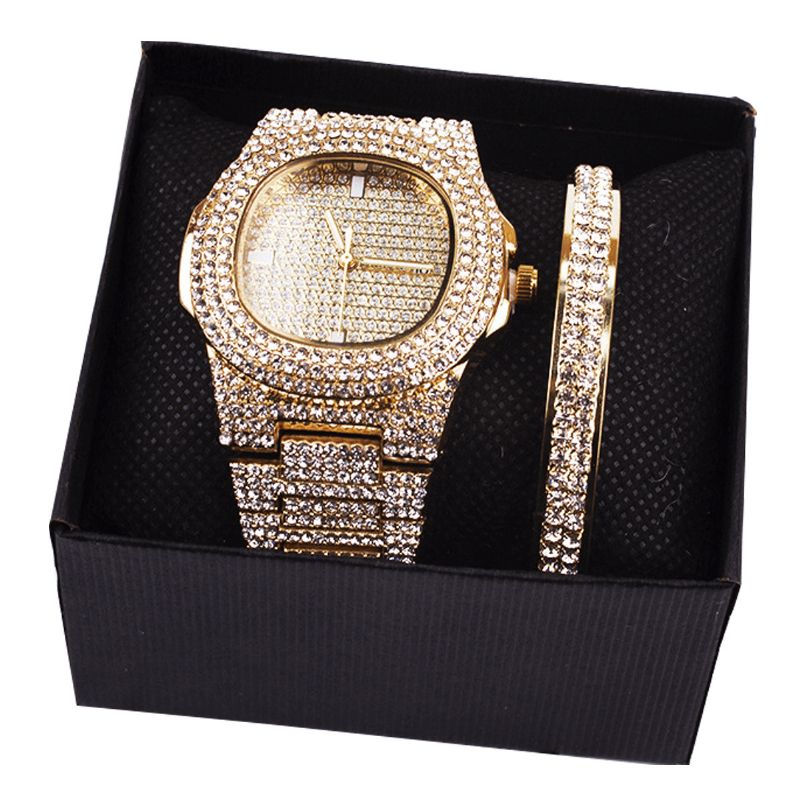 2 Pièces/ensemble De Luxe Mode Femmes Montre-bracelet Ensemble Bling Incrusté Strass Montre À Quartz Bijoux Cadeau