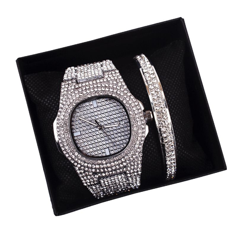 2 Pièces/ensemble De Luxe Mode Femmes Montre-bracelet Ensemble Bling Incrusté Strass Montre À Quartz Bijoux Cadeau