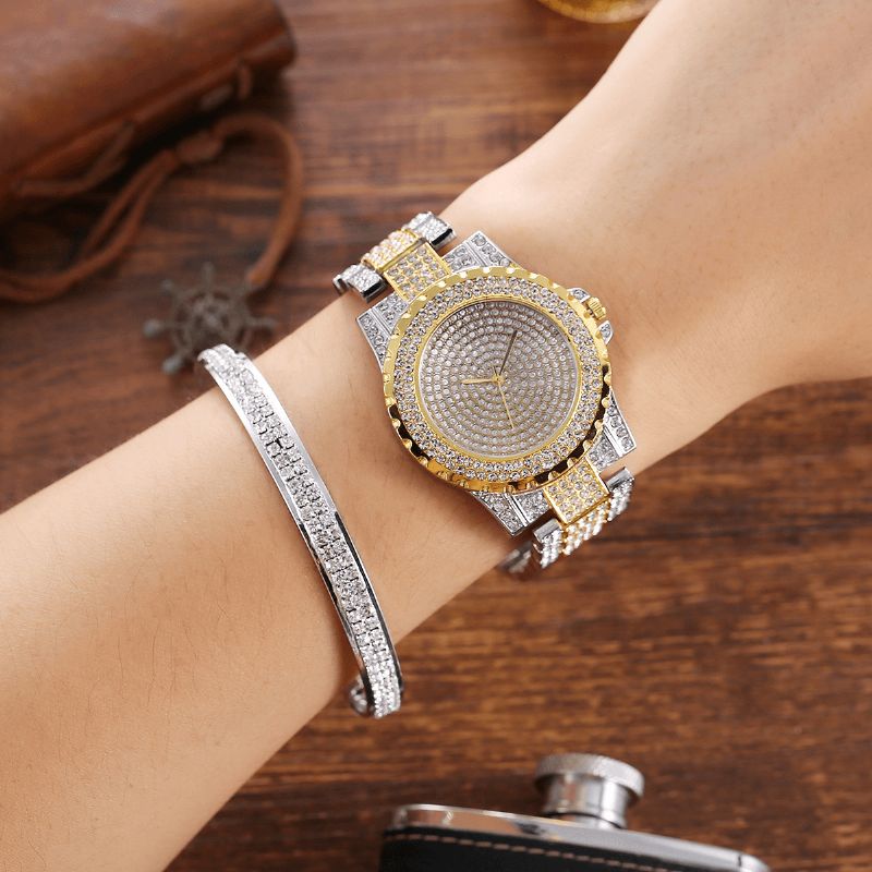 2 Pièces Mode Luxe Plein Diamant Acier Bande Quartz Montre Punk Strass Bracelet Ensemble