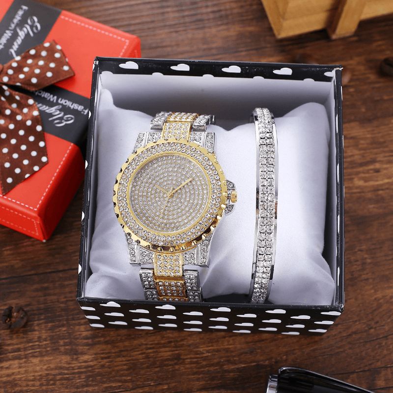 2 Pièces Mode Luxe Plein Diamant Acier Bande Quartz Montre Punk Strass Bracelet Ensemble