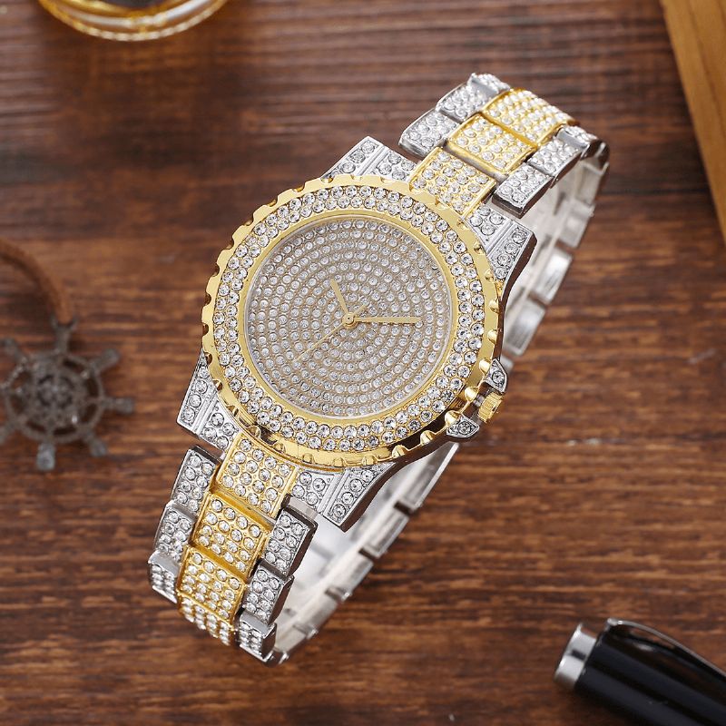 2 Pièces Mode Luxe Plein Diamant Acier Bande Quartz Montre Punk Strass Bracelet Ensemble