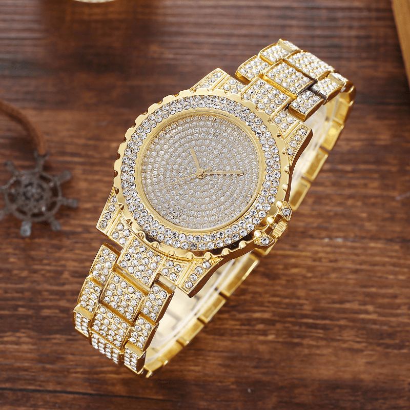 2 Pièces Mode Luxe Plein Diamant Acier Bande Quartz Montre Punk Strass Bracelet Ensemble