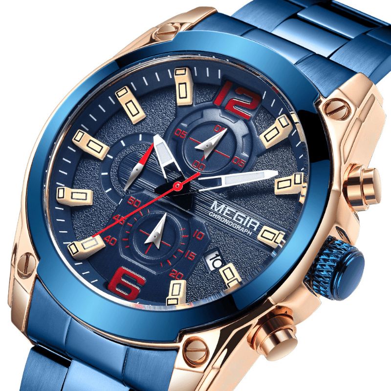 2063 Casual Sport Hommes Montre Chronographe Calendrier Bracelet En Acier Inoxydable 3atm Montre À Quartz Étanche