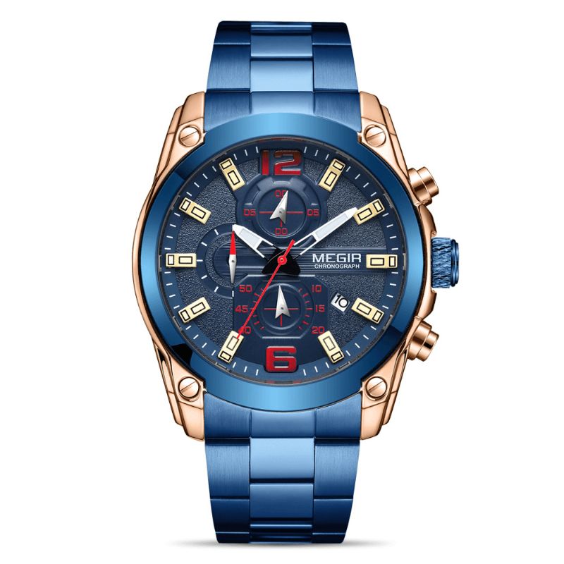 2063 Casual Sport Hommes Montre Chronographe Calendrier Bracelet En Acier Inoxydable 3atm Montre À Quartz Étanche