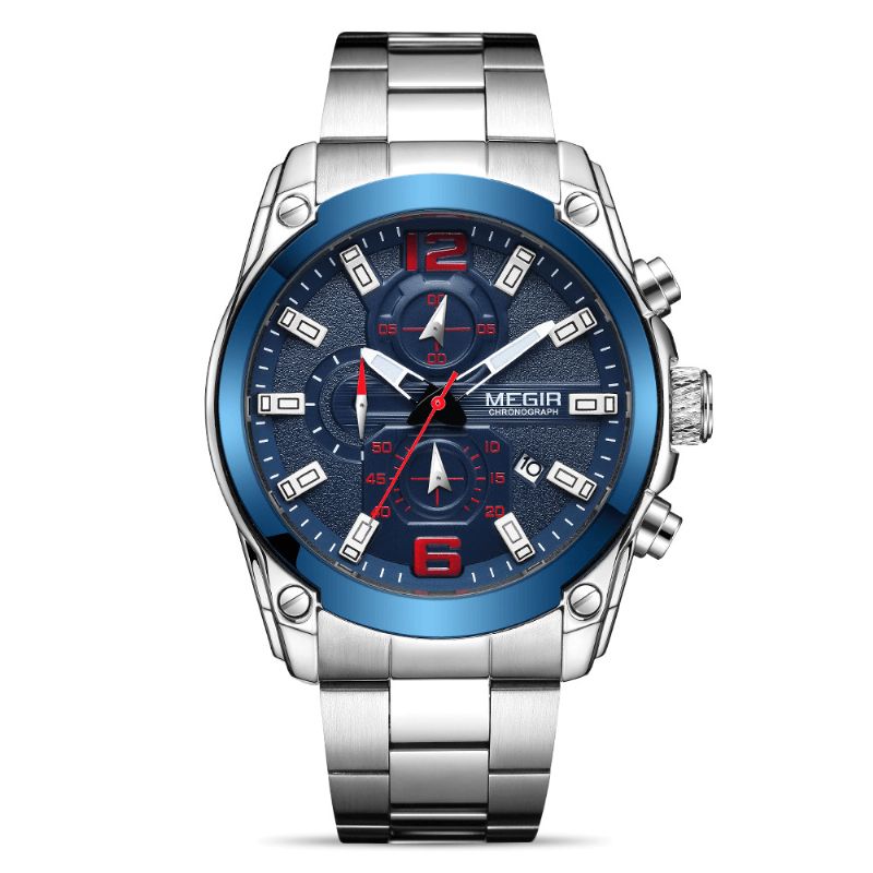 2063 Casual Sport Hommes Montre Chronographe Calendrier Bracelet En Acier Inoxydable 3atm Montre À Quartz Étanche