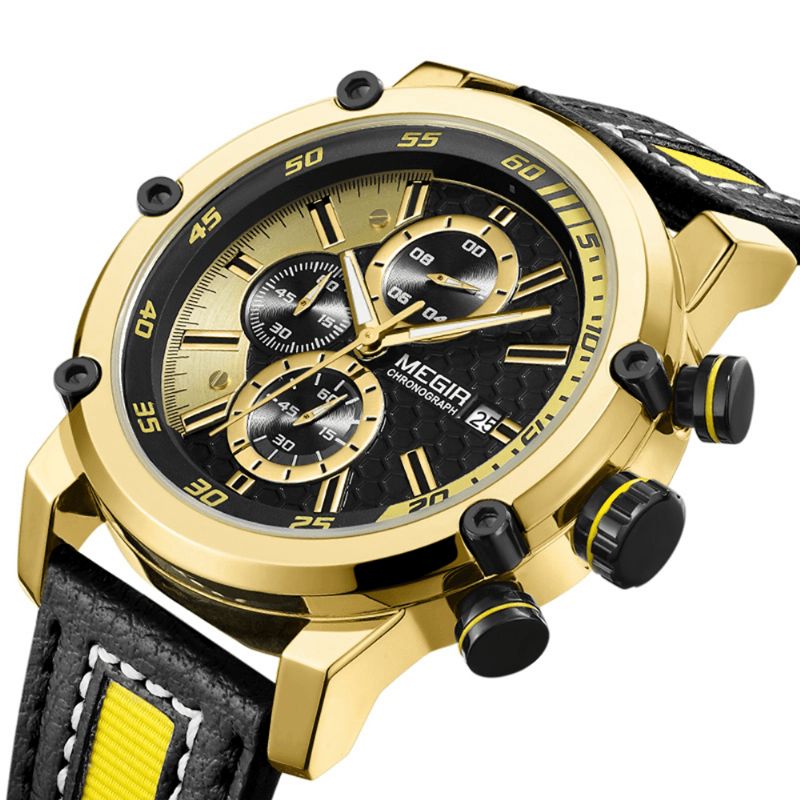 2079 Chronographe Sport Hommes Montre Date Affichage Bracelet En Cuir Montres À Quartz