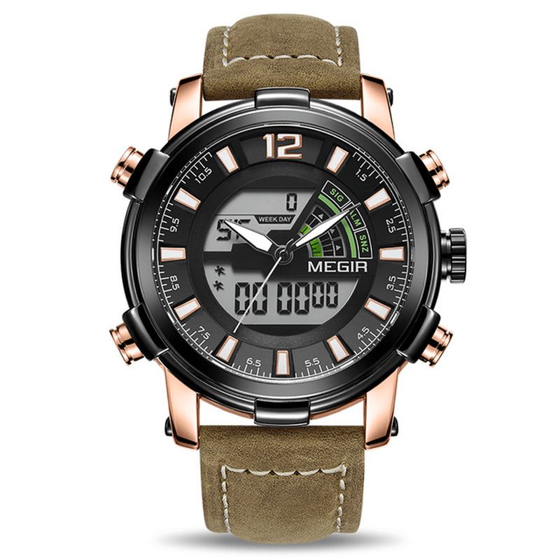 2089 Militaire Sport Style Led Chronographe Lumineux Double Affichage Numérique Montre En Cuir Hommes Montre-bracelet