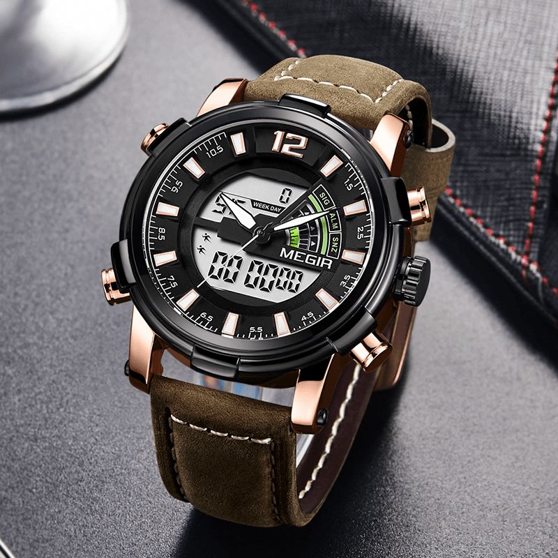 2089 Militaire Sport Style Led Chronographe Lumineux Double Affichage Numérique Montre En Cuir Hommes Montre-bracelet