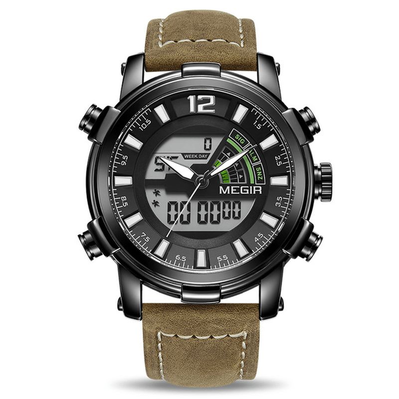 2089 Militaire Sport Style Led Chronographe Lumineux Double Affichage Numérique Montre En Cuir Hommes Montre-bracelet