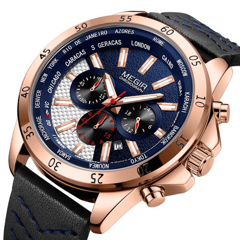 2103 Militaire Chronographe Calendrier Lumineux Hommes Montre-bracelet Bracelet En Cuir Montre À Quartz