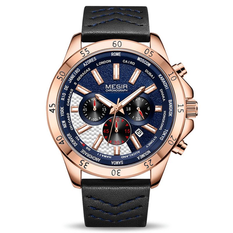 2103 Militaire Chronographe Calendrier Lumineux Hommes Montre-bracelet Bracelet En Cuir Montre À Quartz