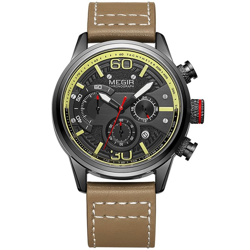 2110 Mode Hommes Montre Étanche Affichage Lumineux Chronographe Bracelet En Cuir Sport Montre À Quartz