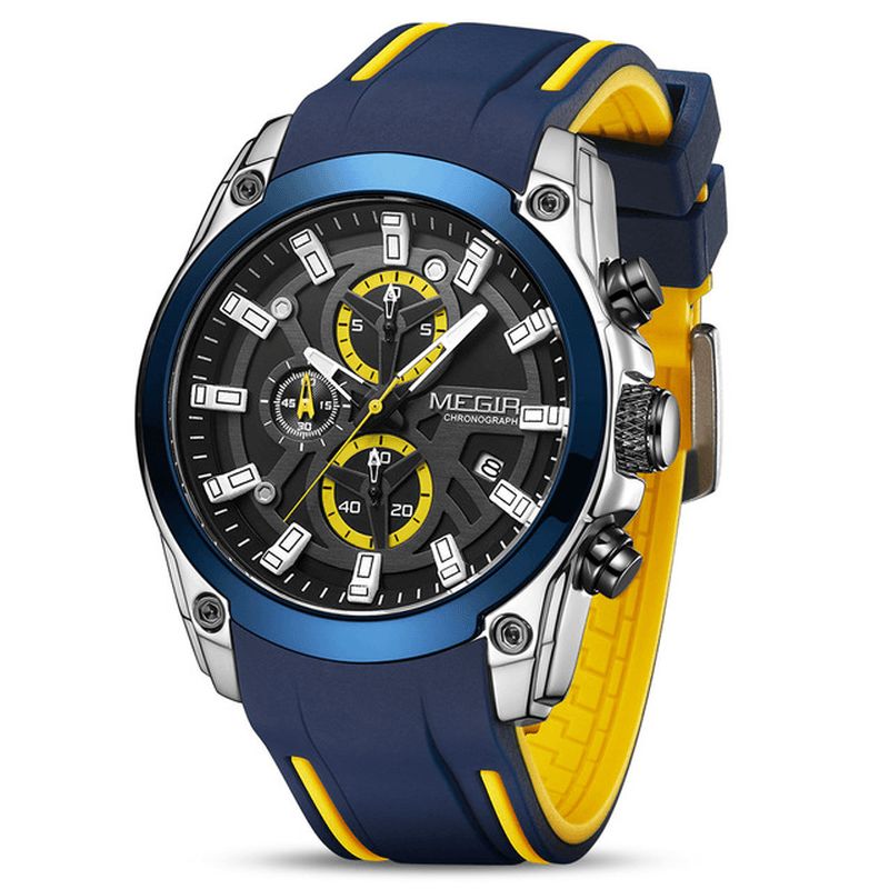 2144 Sport Décontracté Hommes Montre Chronographe Fonction Lumineuse Calendrier Bracelet En Silicone 3atm Montre À Quartz Étanche