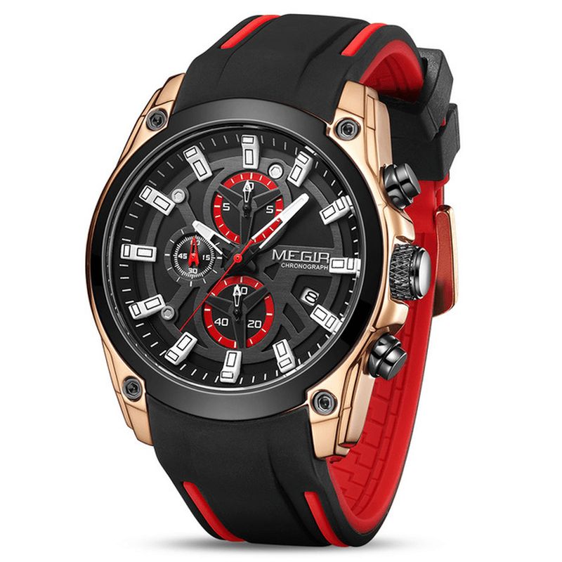 2144 Sport Décontracté Hommes Montre Chronographe Fonction Lumineuse Calendrier Bracelet En Silicone 3atm Montre À Quartz Étanche