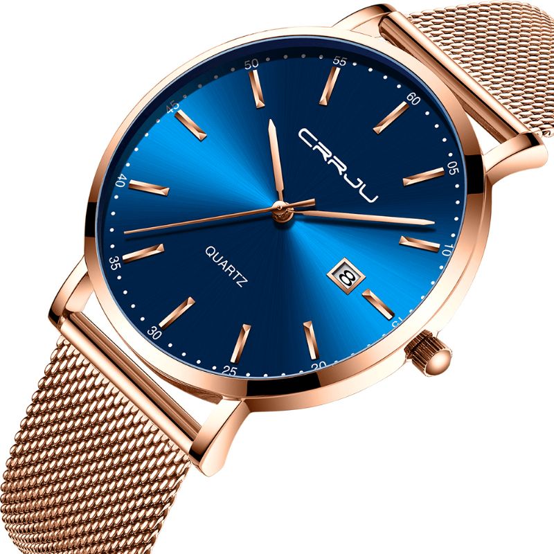 2161 Affichage De La Date De Style Affaires Cadran Bleu De Luxe Bracelet En Acier Pour Hommes Montre À Quartz