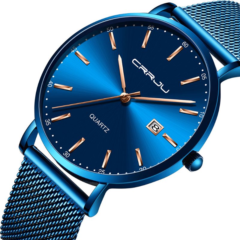 2161 Affichage De La Date De Style Affaires Cadran Bleu De Luxe Bracelet En Acier Pour Hommes Montre À Quartz