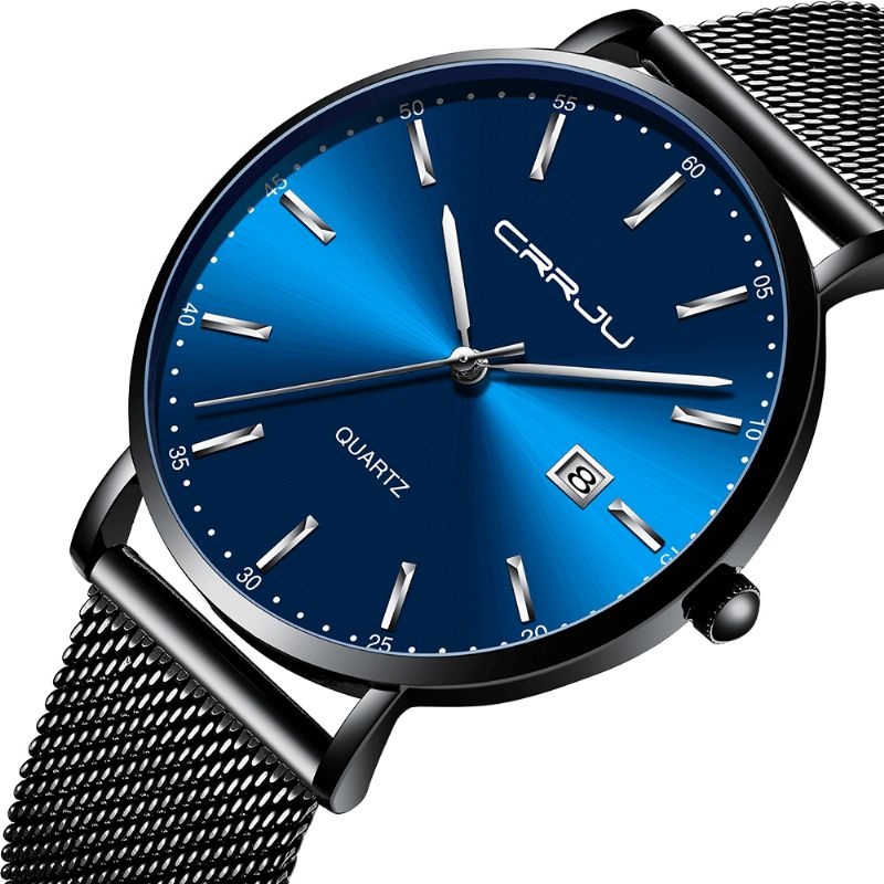 2161 Affichage De La Date De Style Affaires Cadran Bleu De Luxe Bracelet En Acier Pour Hommes Montre À Quartz