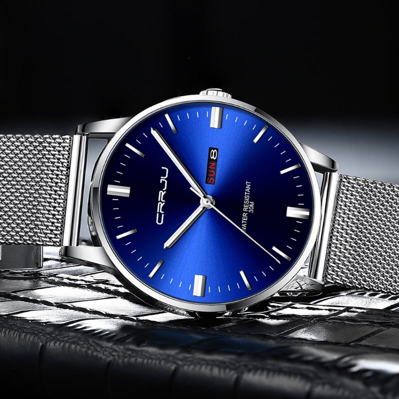 2168 Mode Maille Acier Date Semaine Affichage Lumineux Décontracté Simple Cadran Hommes Montre À Quartz