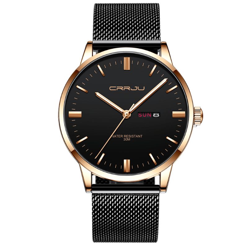 2168 Mode Maille Acier Date Semaine Affichage Lumineux Décontracté Simple Cadran Hommes Montre À Quartz