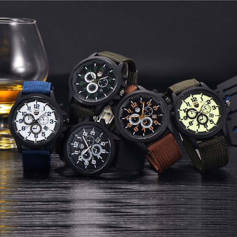 2229d Militaire Décontracté Hommes Nylon Toile Bande Affichage Des Données Étanche Grand Cadran Sport Montre À Quartz